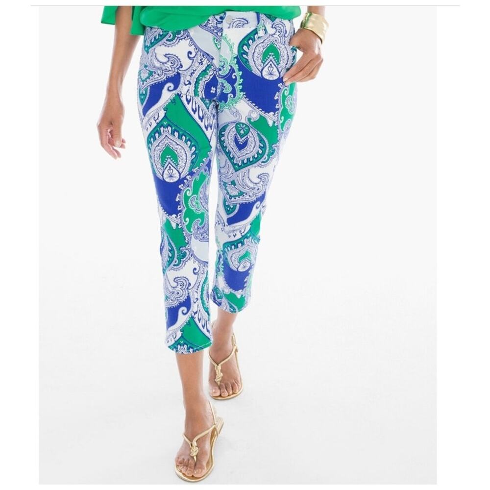 CHICOS Platinum Mykonos Scarf Crop Jeans Paisley Print Blue White sz 1 8 10